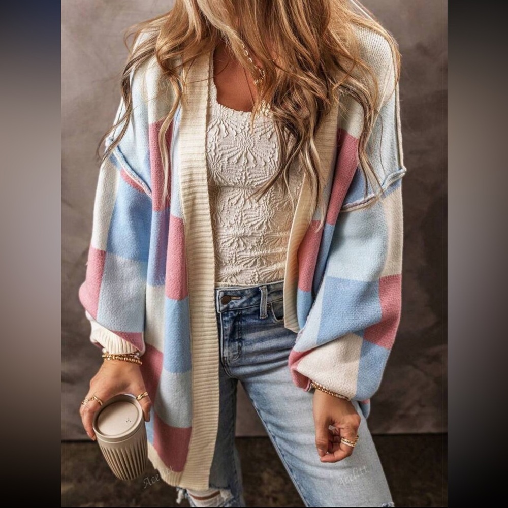 Luxe Comfy Color Block Open Front Cardigan Sweater - Picture 3 of 7